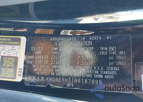 2022 Kia Carnival Mpv Sx z USA, uszkodzony, nr VIN KNDNE5H31N6187899